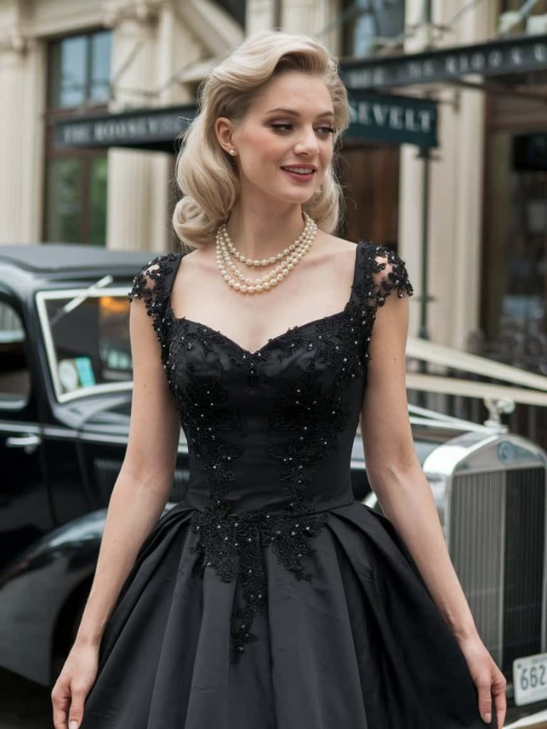 Black Tie Wedding Guest Dress in nostalgic style with a unique vintage appeal.
