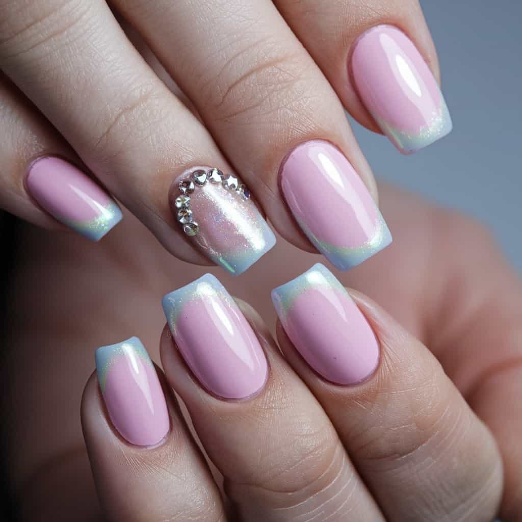 Stylish Light Pink Nude Nail design with a subtle glitter gradient towards the tips