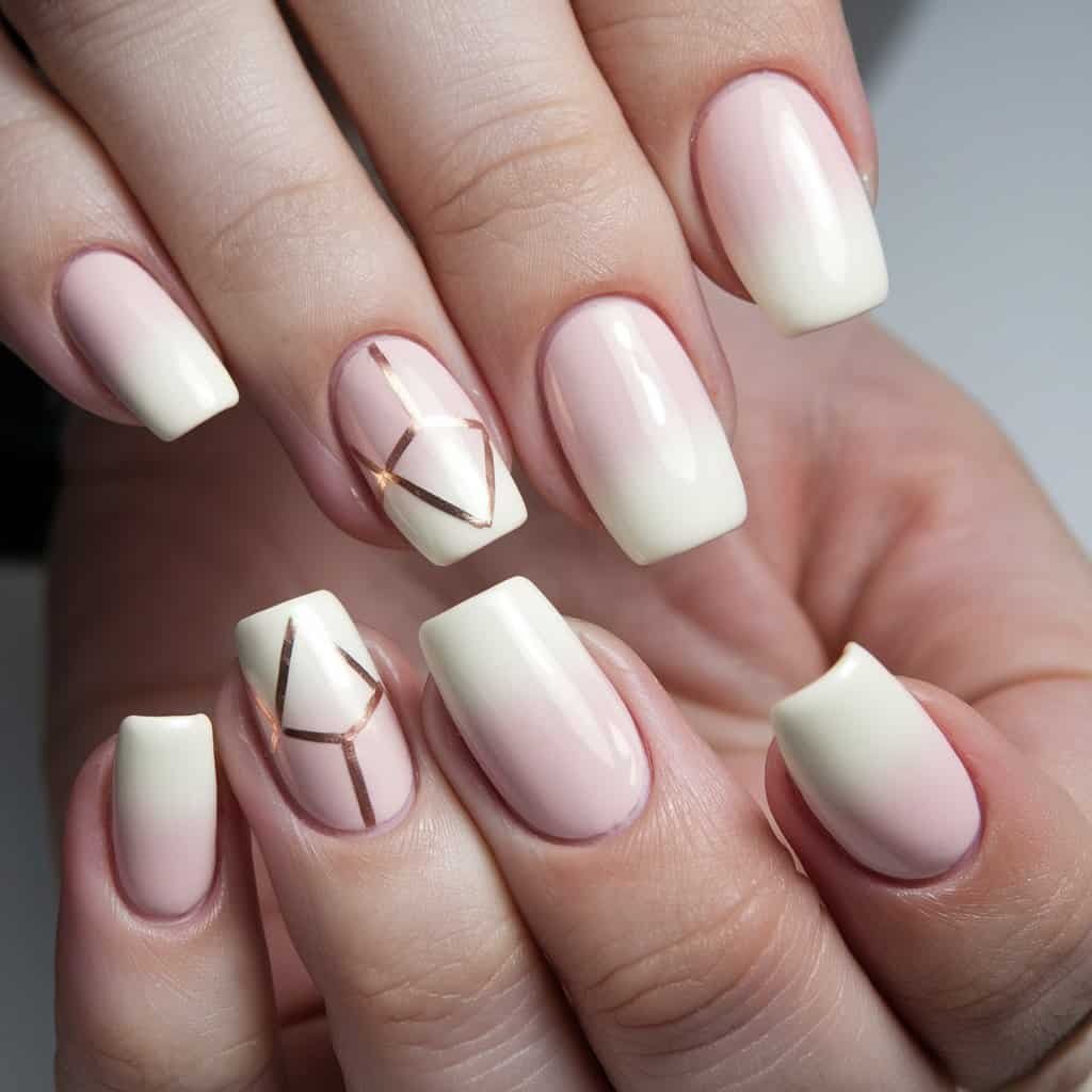 Chic Creamy Off-White Nude Nail manicure with glossy tips for a striking contrast.