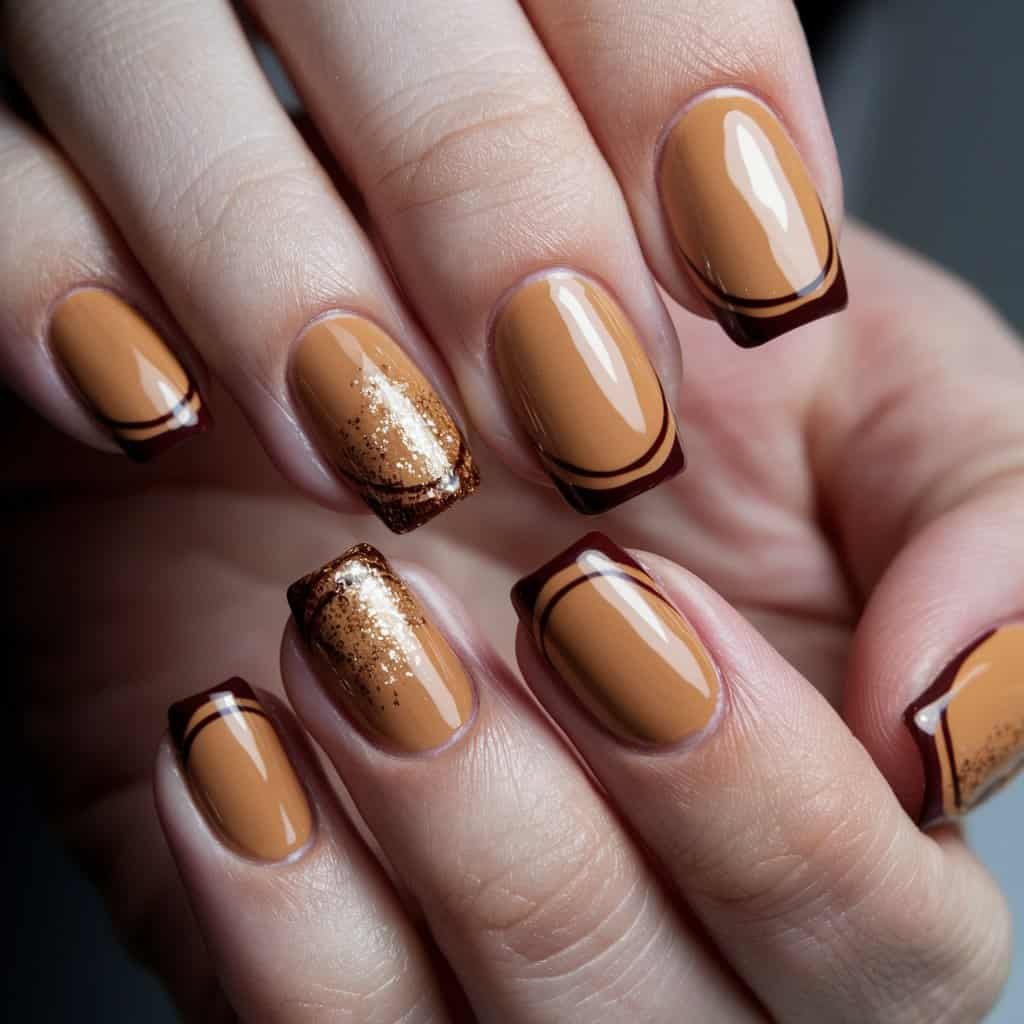 Stylish Warm Caramel Nude Nail design adorned with fine gold glitter accents near the cuticles