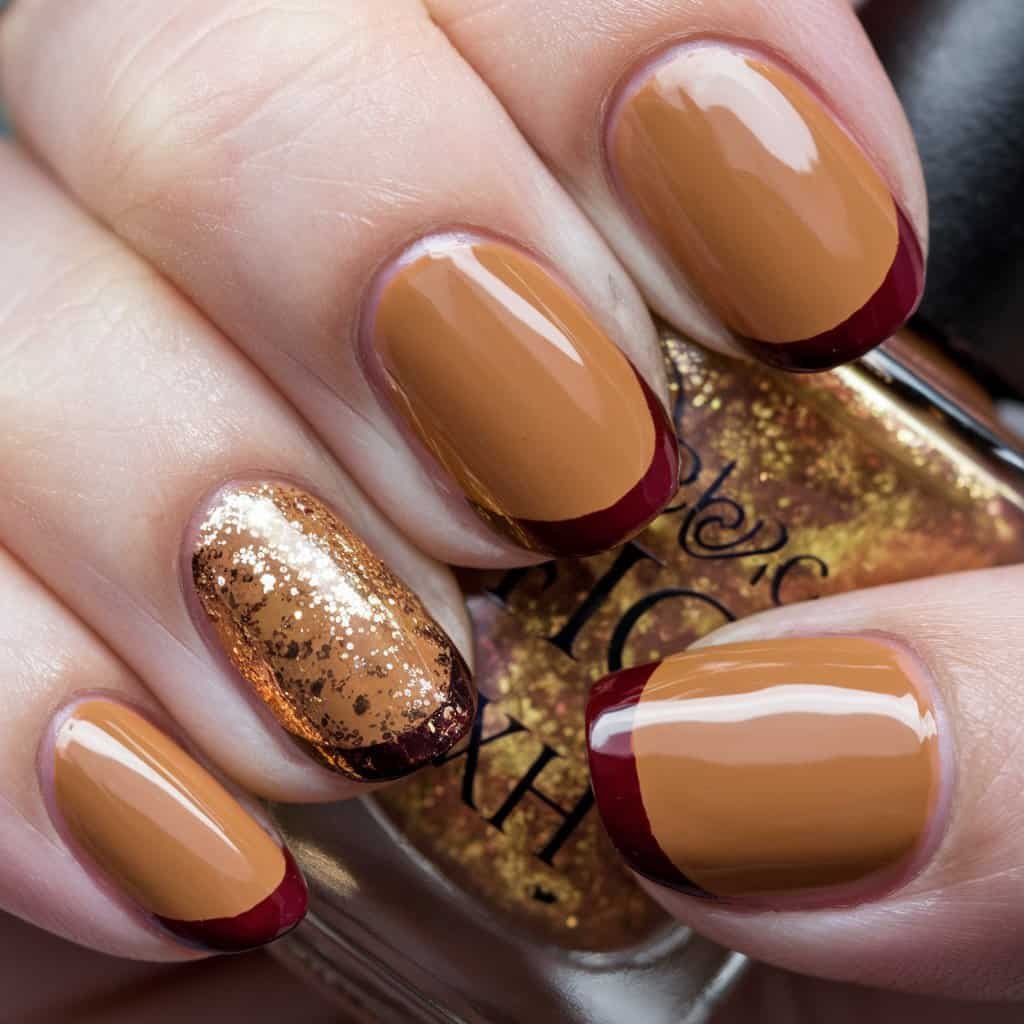 Elegant Warm Caramel Nude Nail manicure in a classic oval shape, ideal for any occasion