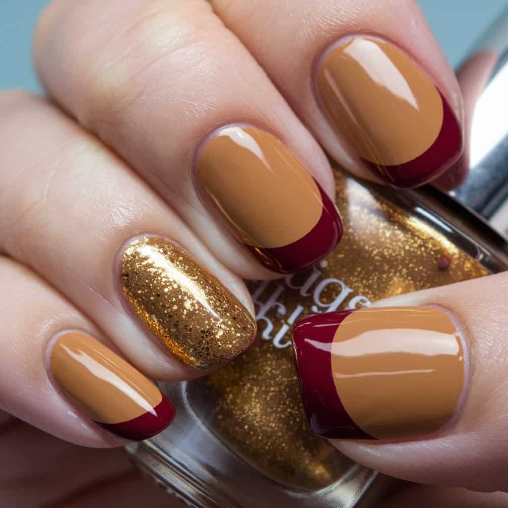 Close-up of Warm Caramel Nude Nail art with a trendy French tip for a modern twist