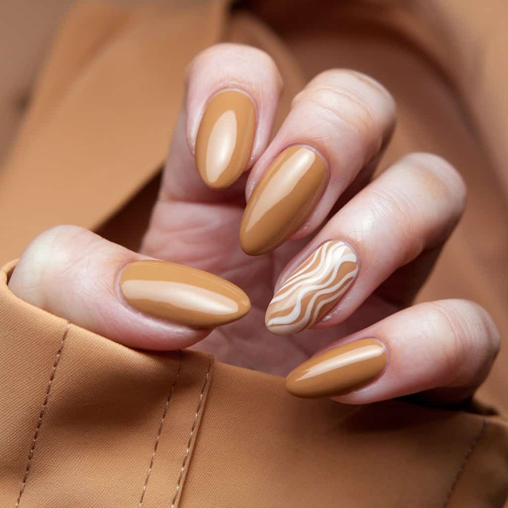 Close-up of Sandy Tan Nude Nail art featuring delicate marbling for a unique flair.