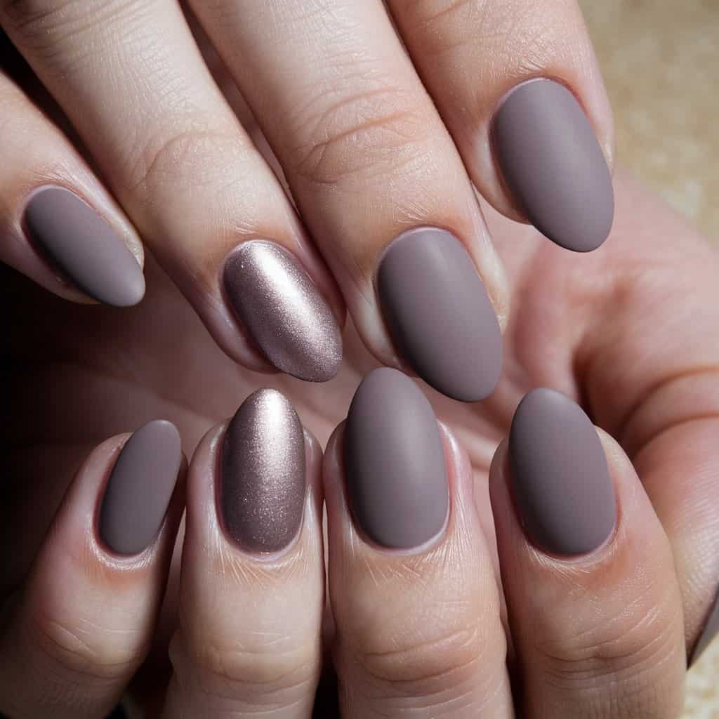 Close-up of Muted Mauve Nude Nail art with intricate lace patterns for added elegance