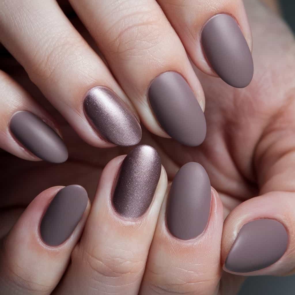 Chic Muted Mauve Nude Nail manicure in a sleek stiletto shape, perfect for a bold look