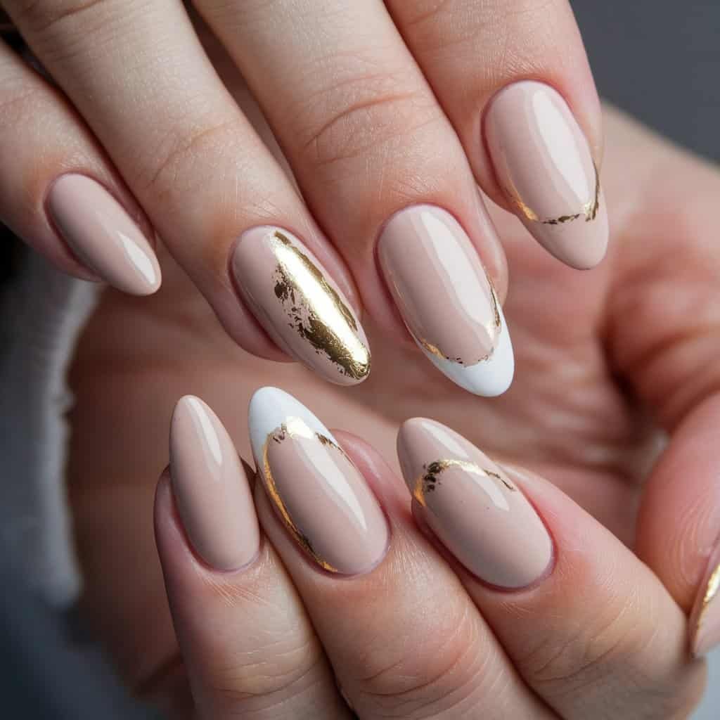 Close-up of Soft Beige Nude Nail art showcasing minimalist geometric patterns for a modern look