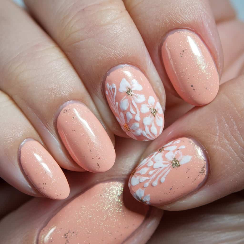 Close-up of Subtle Peach Nude Nail art adorned with hand-painted floral accents