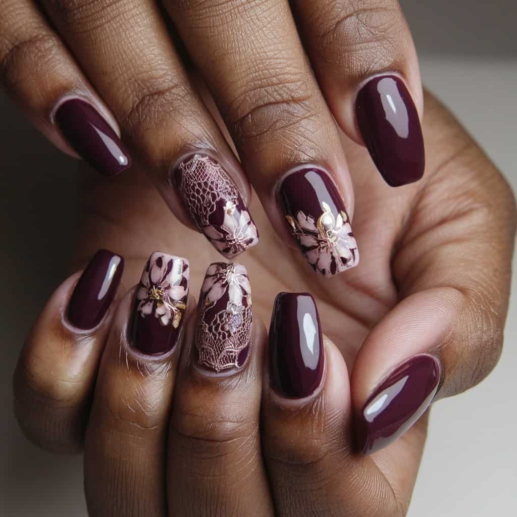 Chic Deep Plum Nude Nail manicure in a sleek coffin shape, radiating modern allure