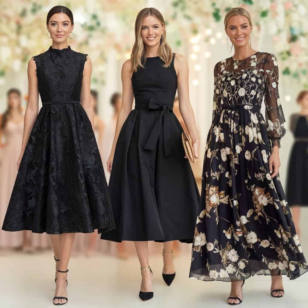 A stylish black off-the-shoulder dress, perfect for wedding guest attire, designed with a flattering neckline and modern elegance.