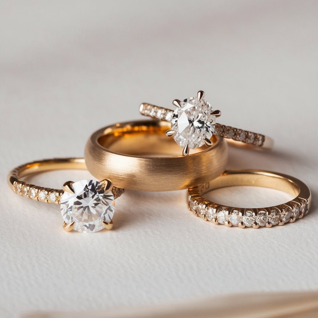 A row of classic gold wedding bands, some with a polished finish and others with a matte texture, displayed on a wooden surface, symbolizing timeless love and commitment.
