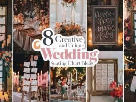 A photo titled "8 Creative and Unique Wedding Seating Chart Ideas." It is a collage of 8 imaginative seating charts, each designed with flair and personality