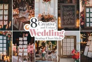 A photo titled "8 Creative and Unique Wedding Seating Chart Ideas." It is a collage of 8 imaginative seating charts, each designed with flair and personality