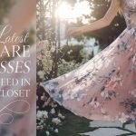 Close-up of a woman wearing a Floral Delight Flare Dress, showcasing intricate floral patterns on a pastel A-line silhouette against a dreamy garden backdrop with lush greenery and twinkling fairy lights.