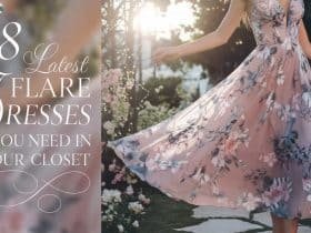 Close-up of a woman wearing a Floral Delight Flare Dress, showcasing intricate floral patterns on a pastel A-line silhouette against a dreamy garden backdrop with lush greenery and twinkling fairy lights.