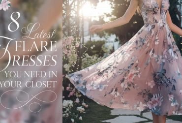 Close-up of a woman wearing a Floral Delight Flare Dress, showcasing intricate floral patterns on a pastel A-line silhouette against a dreamy garden backdrop with lush greenery and twinkling fairy lights.