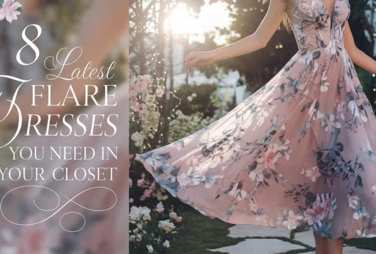 Close-up of a woman wearing a Floral Delight Flare Dress, showcasing intricate floral patterns on a pastel A-line silhouette against a dreamy garden backdrop with lush greenery and twinkling fairy lights.
