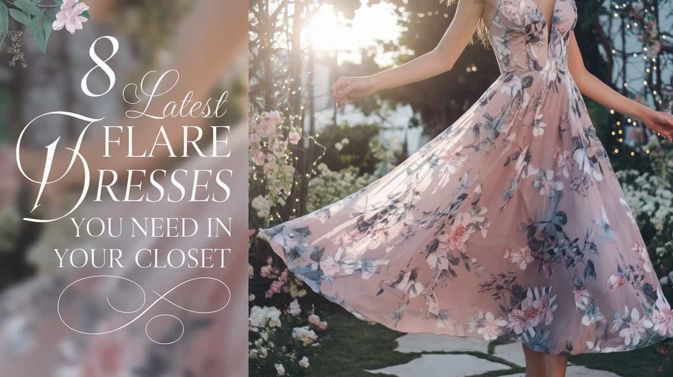 Close-up of a woman wearing a Floral Delight Flare Dress, showcasing intricate floral patterns on a pastel A-line silhouette against a dreamy garden backdrop with lush greenery and twinkling fairy lights.
