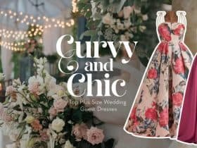 A photo titled "Curvy and Chic: Top Plus Size Wedding Guest Dresses" set against a beautifully styled outdoor setting.