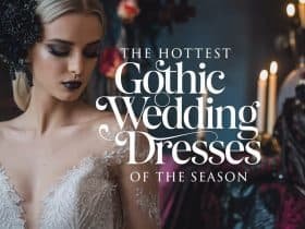 A photo titled "The Hottest Gothic Wedding Dresses of the Season." This captivating image features a close-up of a beautiful bride wearing a stunning gothic wedding dress
