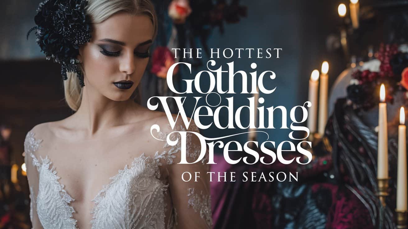 A photo titled "The Hottest Gothic Wedding Dresses of the Season." This captivating image features a close-up of a beautiful bride wearing a stunning gothic wedding dress