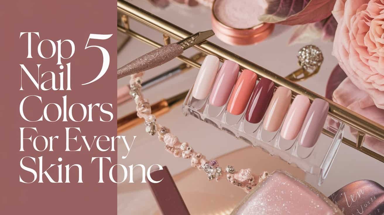. The image features a beautifully arranged display of five exquisite nude nail colors