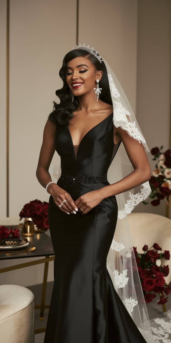 Bride in a black wedding gown styled with silver chandelier earrings and a lace-edged veil.