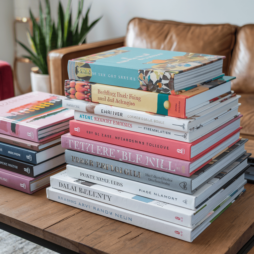 A chic coffee table with a stacked display of reading materials and ornaments.