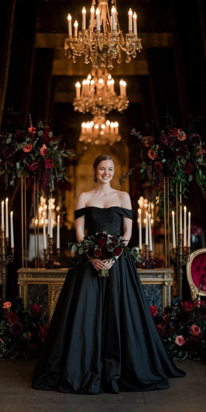 Bride in a black wedding dress surrounded by candlelit ballrooms with gold accents and velvet drapes