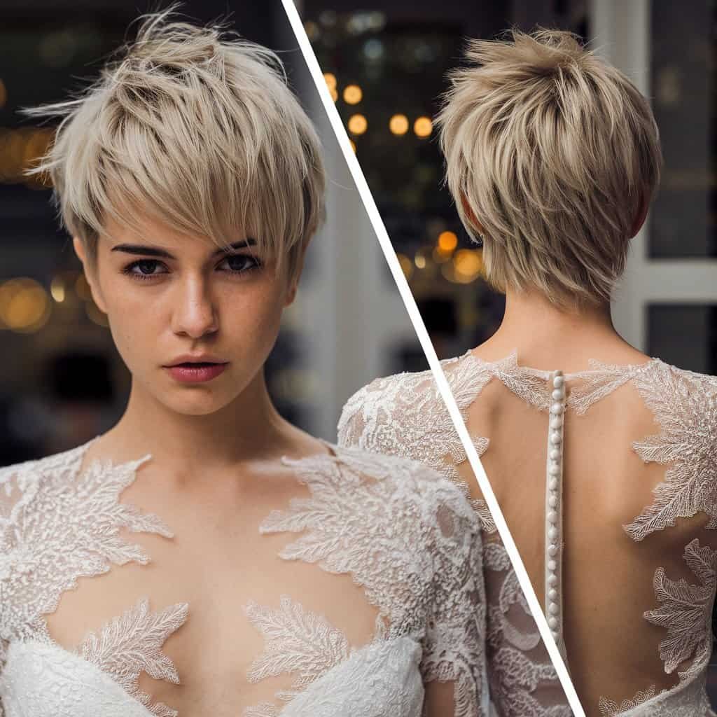 A bride with a chic punk pixie cut, emphasizing her modern style with textured layers.