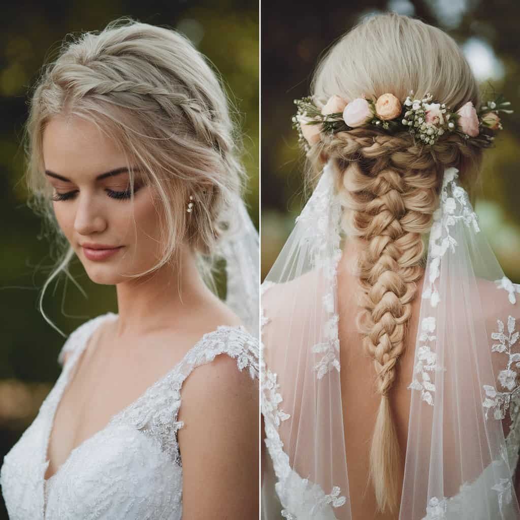 A side view of a bride’s Dutch braid, highlighting the unique structure and texture of the braid