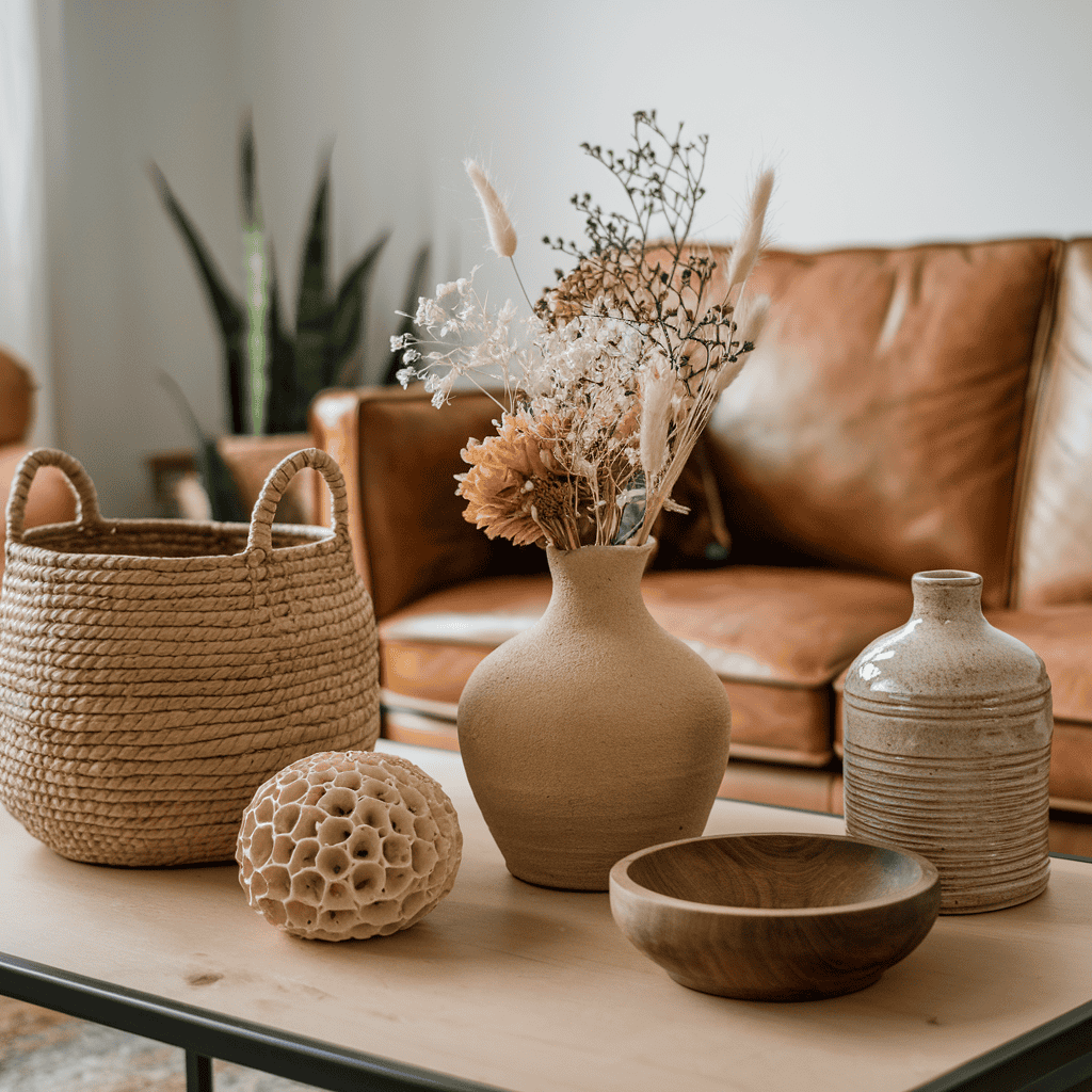A coffee table with a mix of wooden bowls and textured ornaments.