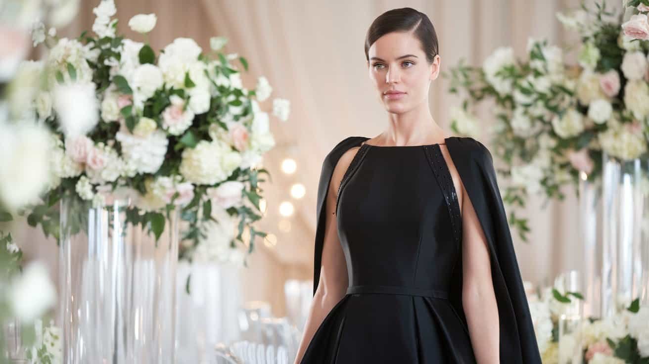 Styling Tips for Black Wedding Guest Dresses: Add Bold Accessories for a Statement Look – A chic black dress styled with bold jewelry and a clutch, perfect for adding a touch of personality and flair to your wedding guest outfit.