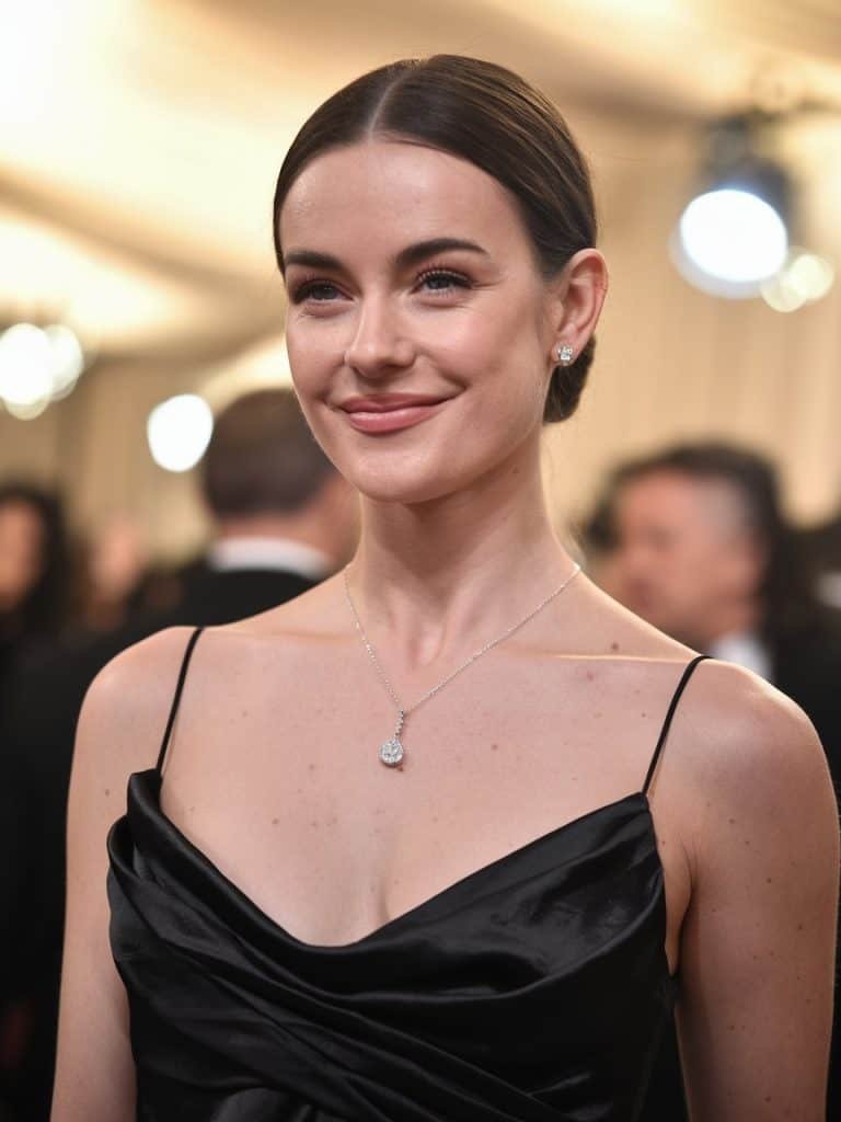 Sophisticated woman wearing a pendant necklace, beautifully balancing her formal gown.
