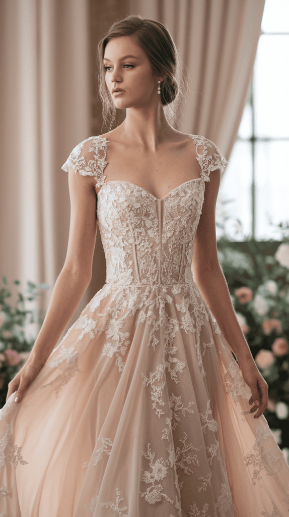 Classic A-line dress with lace bodice and flowing skirt
