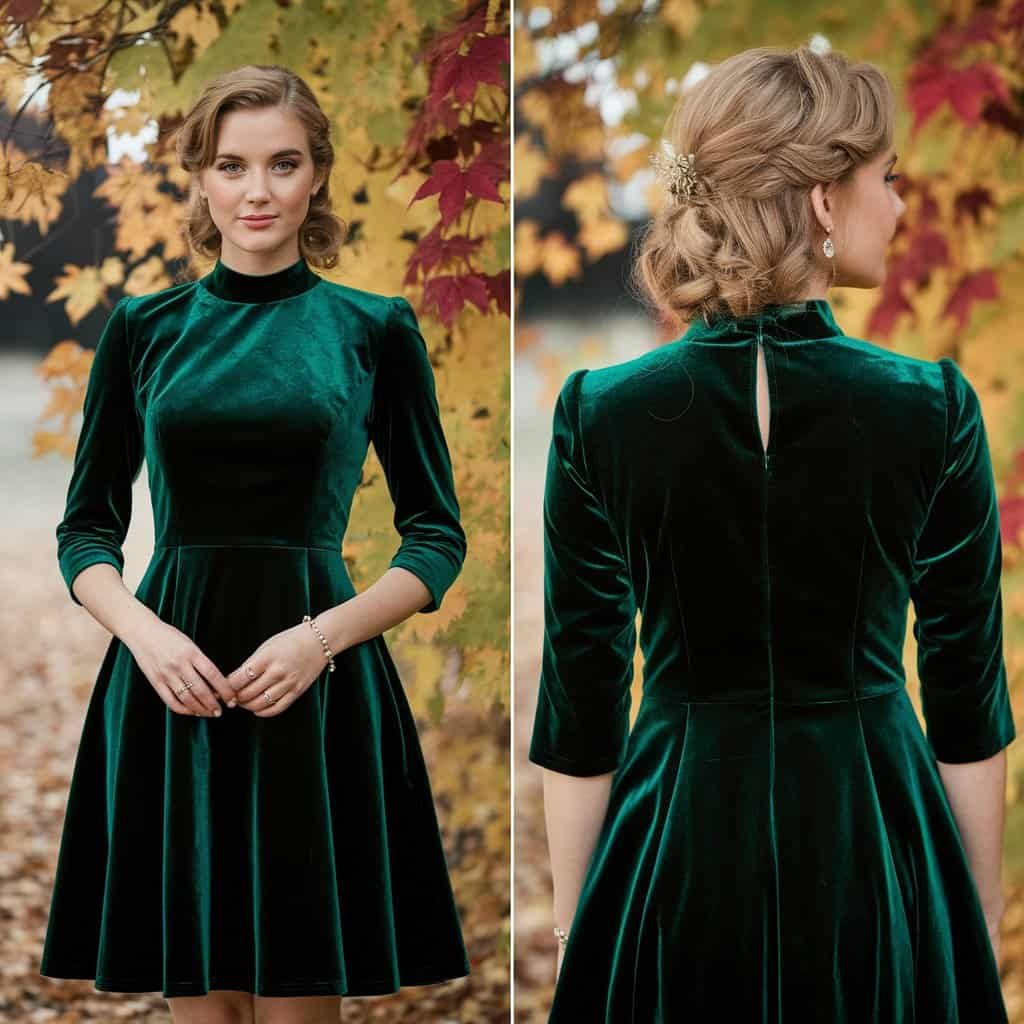 Luxurious velvet shift short wedding dress with three-quarter sleeves, perfect for a cozy fall wedding