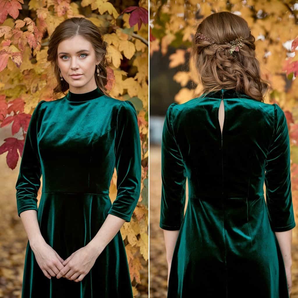 Bride in a vintage-inspired emerald green velvet short wedding dress, posing amid autumn leaves.