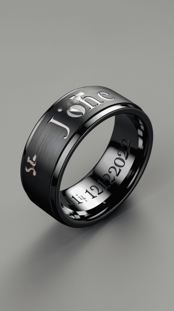 Man proudly examining his engraved black wedding band, highlighting its personal significance.