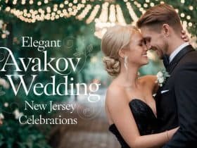 Close-up of a newlywed couple at their Avakov Wedding New Jersey, surrounded by lush greenery and delicate floral accents. The bride wears a stunning black wedding gown, while the groom dons an elegant suit, capturing the essence of a sophisticated garden celebration.