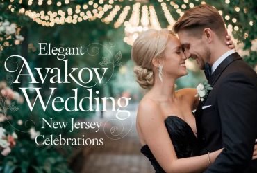 Close-up of a newlywed couple at their Avakov Wedding New Jersey, surrounded by lush greenery and delicate floral accents. The bride wears a stunning black wedding gown, while the groom dons an elegant suit, capturing the essence of a sophisticated garden celebration.