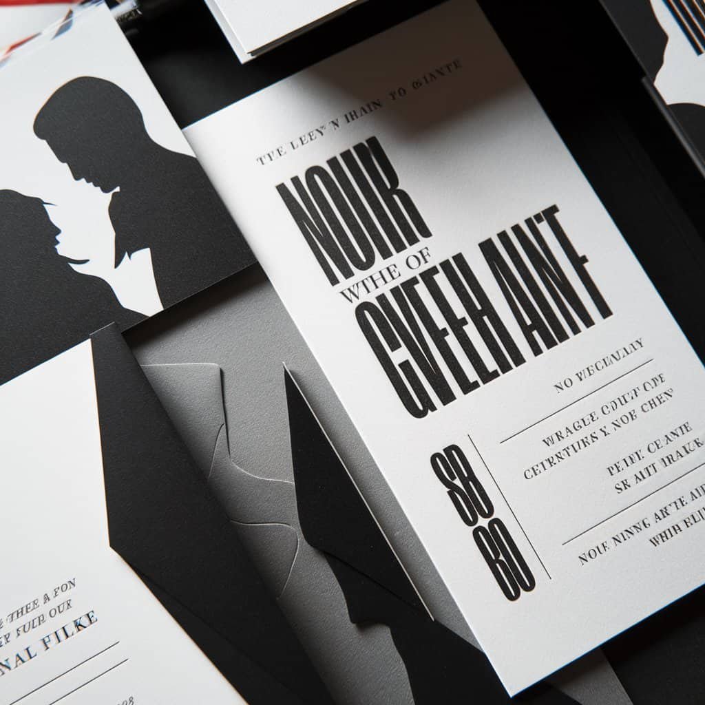 Mysterious black and white wedding invitation inspired by film noir, featuring dramatic shadows and stylized graphics.