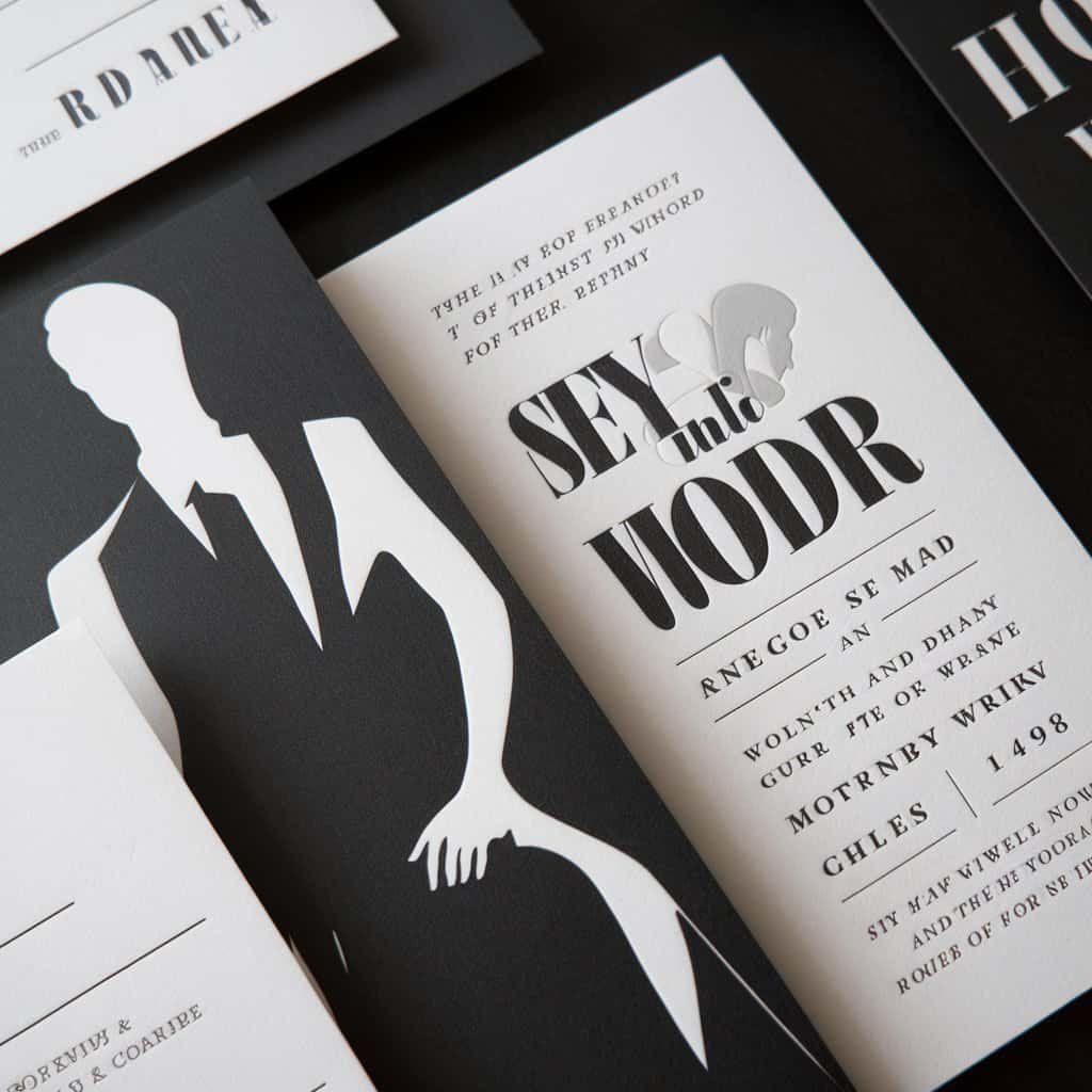 Artistic black and white wedding invitation inspired by film noir, with striking visuals and minimalist text.