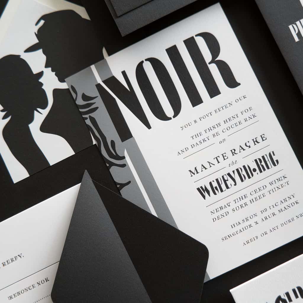 Black and white wedding invitation with high-contrast graphics and sleek silhouettes, creating a film noir vibe.