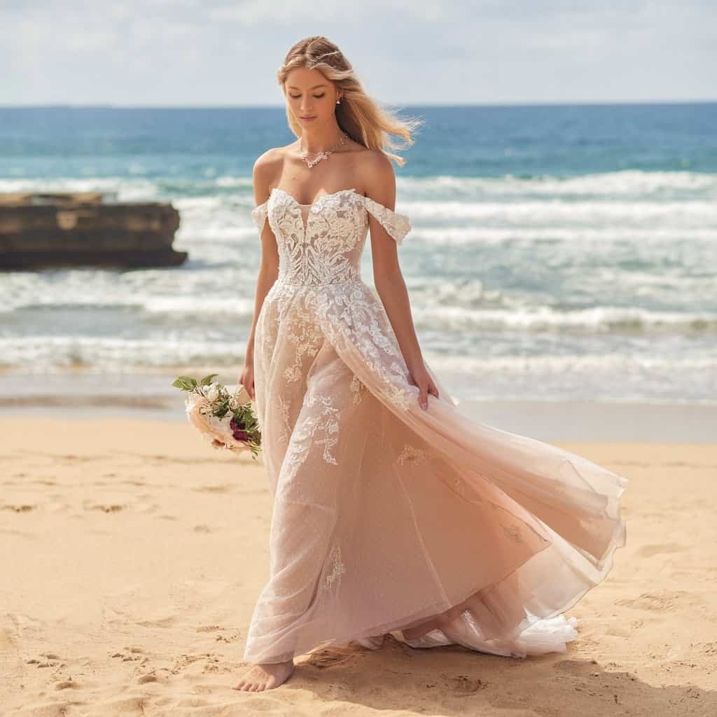 Romantic royal off-the-shoulder wedding dress with a flowing cape, perfect for a beach wedding ambiance