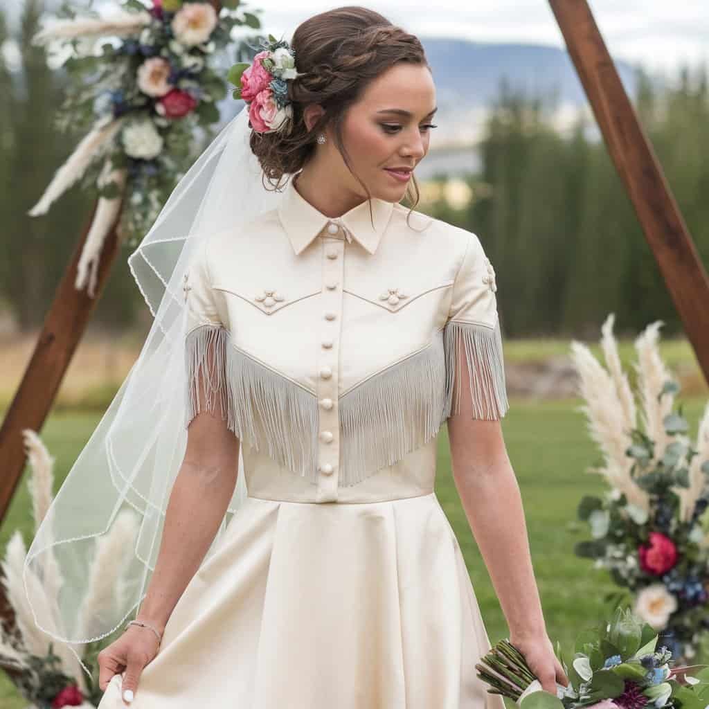 Beautiful bride in a subtle Ranch Chic Western wedding dress with button and fringe details, a perfect blend of luxury and rustic elegance.