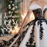 Elegant bride in a black and white wedding dress, showcasing a luxurious lace design and dramatic contrast against a romantic garden backdrop.