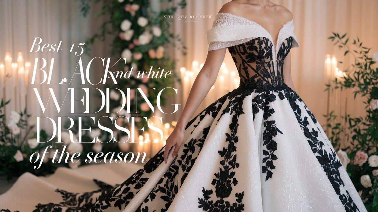 Elegant bride in a black and white wedding dress, showcasing a luxurious lace design and dramatic contrast against a romantic garden backdrop.
