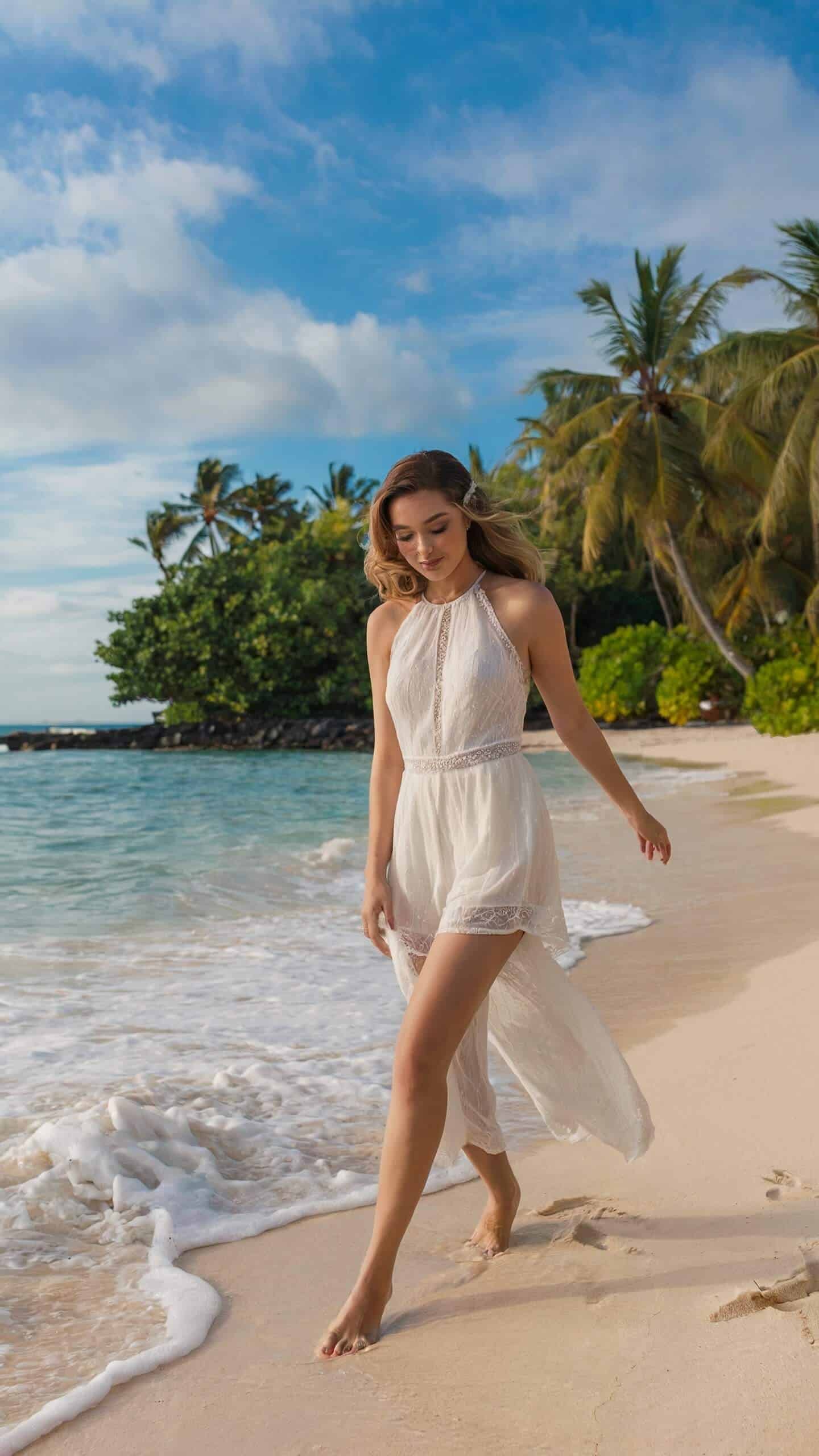 Relaxed jumpsuit wedding dress with a breezy halter neck design for destination wedding bliss