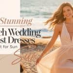 A captivating photo titled "10 Stunning Beach Wedding Guest Dresses Perfect for Sun," set against the backdrop of a serene beach during golden hour