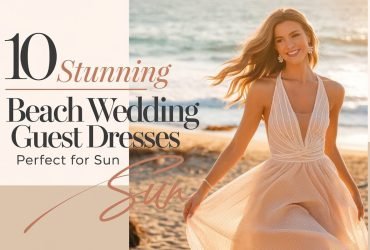 A captivating photo titled "10 Stunning Beach Wedding Guest Dresses Perfect for Sun," set against the backdrop of a serene beach during golden hour