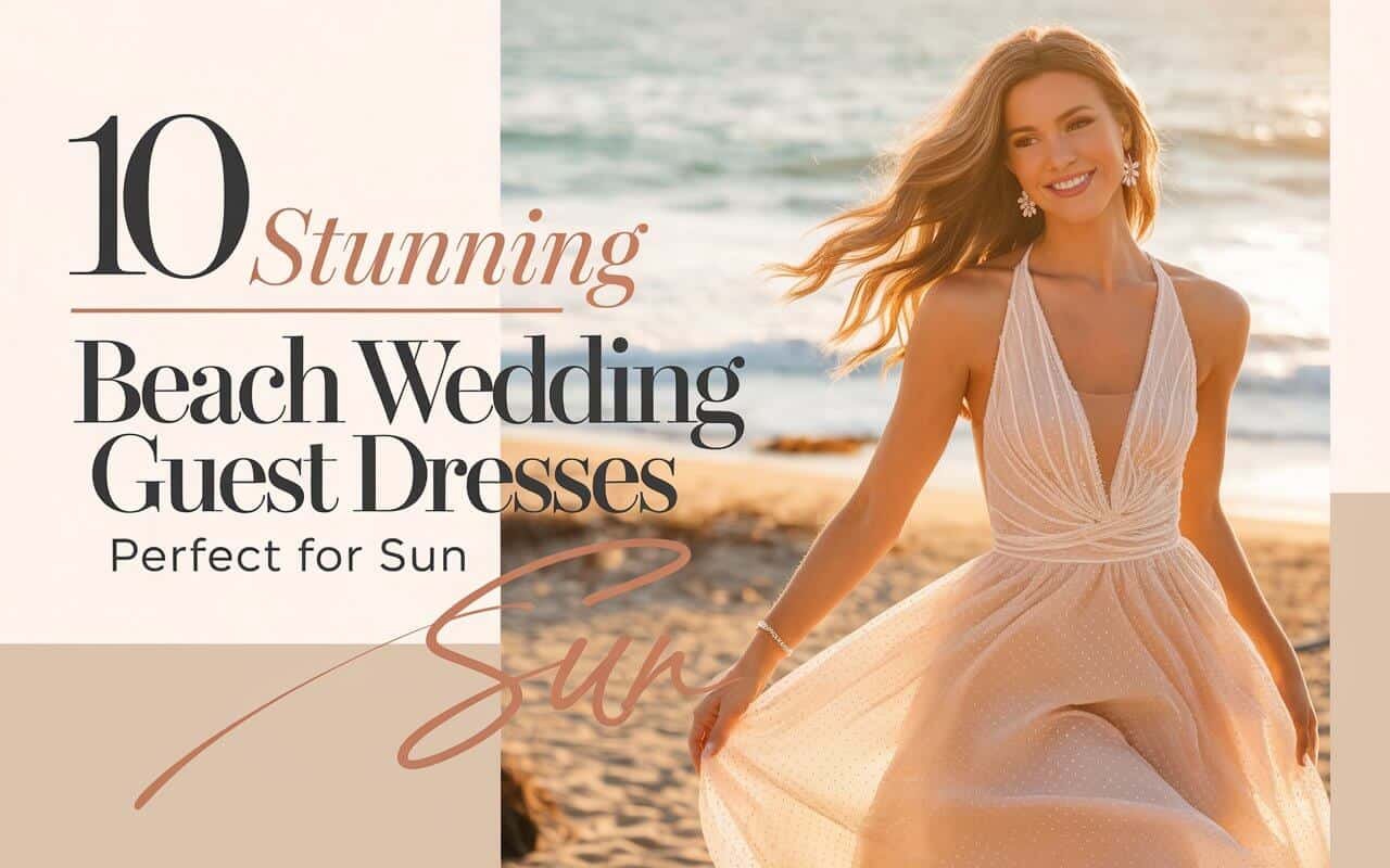 A captivating photo titled "10 Stunning Beach Wedding Guest Dresses Perfect for Sun," set against the backdrop of a serene beach during golden hour
